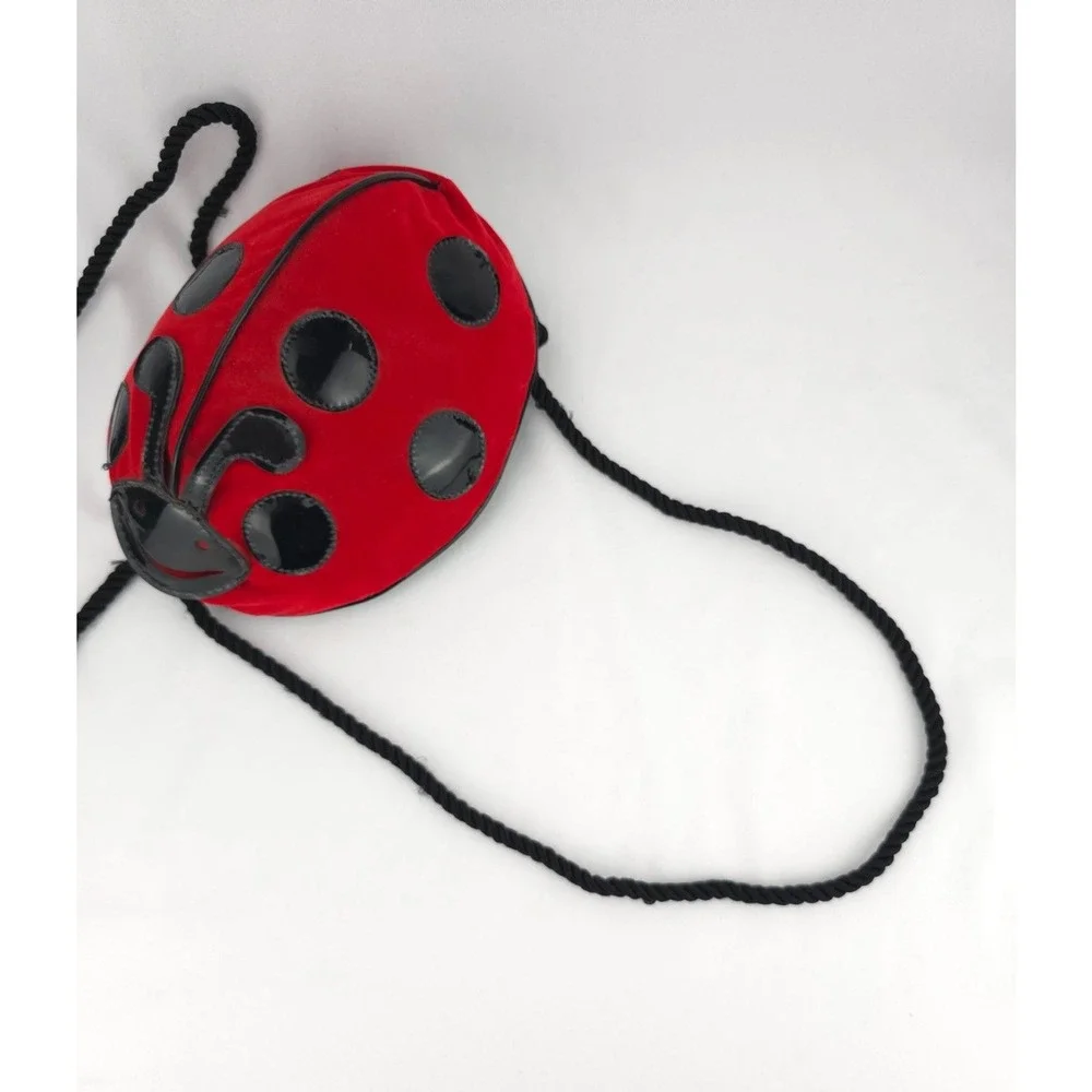 Y2K 90s Velveteen‎ Polka Dot Ladybug Backpack Purse Red Black Zipper